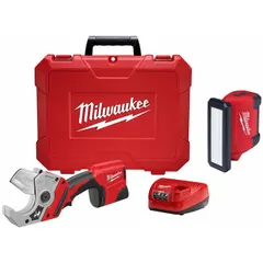 This kit includes two bare tools: a shear for cutting Schedule 80 PVC and rubber hose up to 2 in diameter, and a flood light. Both tools operate on the M12 REDLITHIUM battery platform. One battery is included. Typical applications include plumbing, electrical, and industrial maintenance.