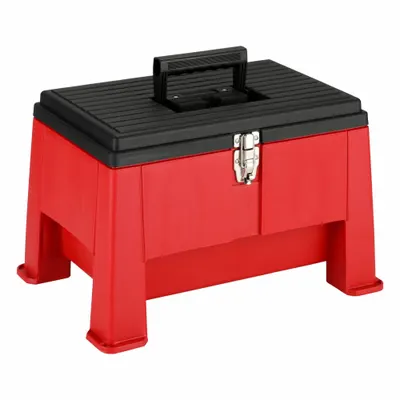 SKILCRAFT Plastic Step-Stool Tool Box, Black/Red, Hinged Lid, 2 Compartments - Plastic Step-Stool Tool Boxes