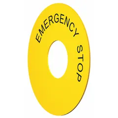 Round legend ring for Series Class 52 push-button stations. Yellow with black emergency-stop marking. Panel mounting size 30 mm. Used to identify emergency-stop functions on control panels.