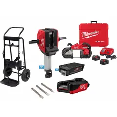 This combination kit includes a breaker hammer and a portable band saw, operating on 18 V DC to 72 V DC voltage. The breaker hammer is suited for demolition of concrete and masonry, while the band saw cuts rebar, pipe, and structural steel. Cordless operation enables use on job sites without external power.