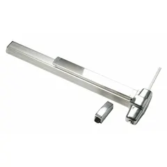 Surface vertical rod exit device with Touchbar mechanism, constructed of aluminum. Designed for doors up to 3 ft wide, providing push-bar operation for egress applications. Finish is US28 (satin aluminum).