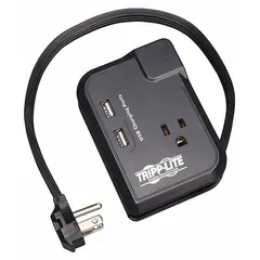 General purpose surge protector outlet strip with three outlets and a 1 ft cord. Rated at 540 J and 15 A, with a 5-15P plug and keyhole mounting for secure attachment. Suitable for protecting electronics in travel, home office, or workstation setups.