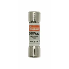 Time-delay cylindrical fuse rated 15 A at 500 V AC. Midget size (13/32 x 1-1/2 in) with non-indicating design. Provides overcurrent protection for industrial equipment such as motors, transformers, and control circuits, accommodating temporary inrush currents to avoid nuisance opening.