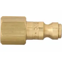 Brass quick-connect plug for pneumatic air-line systems. Features 1/4 in body size, 1/4"-18 female thread, and 1/4 in hose fitting size. Suitable for connecting air tools and compressed air equipment in automotive and industrial applications