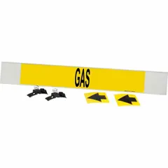 This pipe marker identifies gas lines on pipes 8 inches and larger in outer diameter. The yellow background with black legend and directional arrows provides clear indication of pipe contents. Suitable for use in industrial facilities where pipe identification is required.