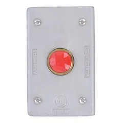 Aluminum weatherproof cover for FS-series boxes and pilot lamps. Red finish, single-gang, overall height 4 9/16 inches. Supports horizontal or vertical mounting. Suitable for outdoor or wet-location electrical installations.
