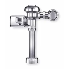 Battery-powered exposed automatic flush valve for toilets. Features a 1.6 gpf flush rate, 11-1/2 in rough-in, and top spud location. Suitable for commercial restroom applications requiring hands-free operation.