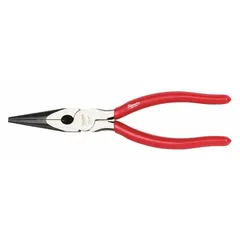 These 8-inch needle-nose pliers feature serrated jaws with a 2 1/2-inch jaw length and 1/8-inch tip width, designed for gripping and bending in confined spaces. The integrated fish tape puller facilitates pulling cables through conduit, making them suitable for electrical and general maintenance tasks.