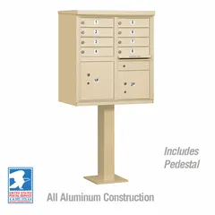 This horizontal multi-unit mailbox features 10 front-access doors and is designed for pedestal mounting. Constructed for secure mail distribution in residential or commercial settings. Dimensions: 62 in H x 30 1/2 in W x 18 in D.