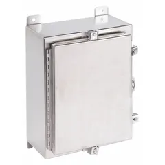 This WIEGMANN enclosure is fabricated from 304 stainless steel with dimensions of 36 inches by 24 inches by 8 inches. It features a solid cover secured by clamps and is rated NEMA 12/13/3R/4/4X for protection against dust, water, and corrosion. Knockouts are not included. Typical applications include housing electrical controls, terminals, and instrumentation in indoor or outdoor industrial environments.