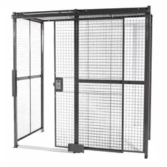 This welded-wire partition cage measures 10 ft wide by 10 ft deep by 10 ft high and is supplied as a three-sided unit without a ceiling panel. It features a sliding door with a keyed different cylinder lock and is finished with a gray powder coating. Typical applications include securing tools, equipment, or inventory in industrial facilities, warehouses, and job sites.