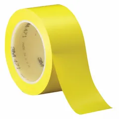 Solid yellow vinyl tape, 3 in wide by 108 ft long, with a 5.2 mil thickness. No message legend. Used for marking aisles, work zones, and hazard areas in industrial environments such as warehouses and factories.