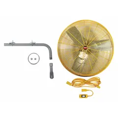 This Dayton fan is designed for industrial air circulation in warehouses, factories, and workshops. It features a 30-inch blade diameter, 1/2 hp motor, and operates on 115V AC with two speeds. The non-oscillating, post-mount configuration allows for fixed-direction airflow in high-visibility applications.