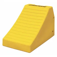 Urethane wheel chock for securing cranes, loaders, and small vehicles during loading, unloading, or maintenance. Single chock with 24 in length and 14 in width. Prevents unintended movement on flat or slightly inclined surfaces.