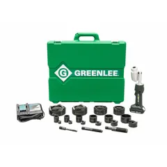 This cordless knockout punch kit operates on 18V DC and includes a 4 in die, one 3.0 Ah battery, and a charger. It punches holes up to 4 in diameter in steel enclosures and panels with a maximum thickness of 12 ga. Suitable for installing conduit, cable connectors, or switches in metal boxes.