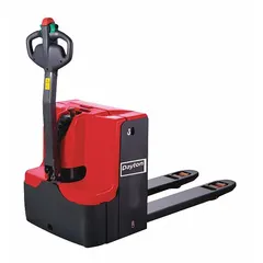 This electric pallet jack is powered by a 24V lead acid battery and features standard steel forks with a 48 in length and 27 in width. The 27 in width across forks and 15 in width between forks accommodate standard pallets. A disc brake provides controlled stopping. Typical applications include moving palletized loads in warehouses and distribution centers.