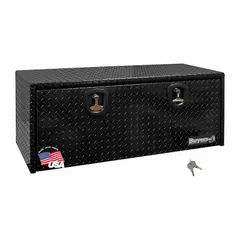 This single drop-down door box is designed for underbody mounting on trucks. It features a black finish and a keyed lock for secure storage of tools and equipment. Suitable for fleet and vehicle maintenance applications.