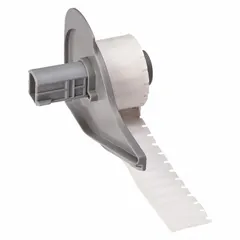 Precut label roll for use with BMP71 printer series. Each label measures 21/32 in x 13/64 in and is made of white gloss polyester. Suitable for industrial identification and asset tracking applications.