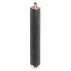 This hydronic baseboard heater element features copper tubing and aluminum fins for efficient heat transfer in hot water heating systems. It measures 6 ft in length, 3-5/8 in in height, and 4-1/4 in in depth, with a copper finish. Suitable for installation in standard baseboard enclosures for zone heating applications.
