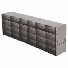 This stainless steel freezer rack is designed for organizing and storing items in cold storage environments. It includes locking rods for secure containment. Overall dimensions: 21 1/4 inches length, 5 1/2 inches width.