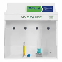This light duty ductless fume hood from MYSTAIRE is fully assembled and includes a blower, base/stand, and work surface. It is designed for containing airborne particulates and vapors during laboratory or industrial processes without requiring external ducting. Overall dimensions: 48 in width, 53 in height, 28 in depth.