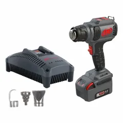 Cordless heat gun with brushless motor and LCD display. Adjustable temperature range from 86°F to 1,022°F. Includes one 5.0 Ah battery and charger. Suitable for shrink-wrapping, paint stripping, thawing frozen pipes, and bending plastics.
