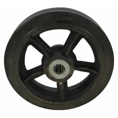 This hand truck wheel has a 10-inch overall height and length, with a 2 3/4-inch width. Constructed from metal and rubber in black, it is used as a replacement or upgrade wheel for manual hand trucks in material handling applications.