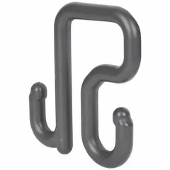 Gray nylon S-hook designed for attaching aprons or tool bags to a utility bucket. Measures 11/16 in width by 6 5/16 in height. Provides hands-free access to tools and materials on job sites.
