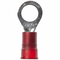 Nylon-insulated ring terminal rated for 1000 V, accepting 8 AWG wire. Features a 3/8 in stud size for secure, vibration-resistant connections in power distribution and heavy equipment wiring.