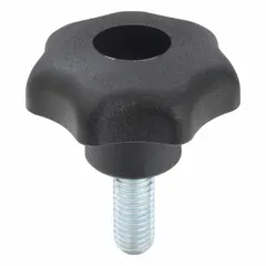 Plastic body with steel thread, M8 threaded stud, 20 mm thread length, 40 mm diameter. Seven-arm design provides secure grip for manual adjustment and clamping on industrial machinery, jigs, and fixtures.