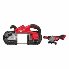 This combination kit includes a braking grinder (MPN 2929-20) and a portable band saw (MPN 2880-20), both tool-only and powered by 18 V DC. The grinder features a braking system for faster wheel stop. Suitable for cutting and grinding metal, pipe, and rebar in construction and maintenance tasks.