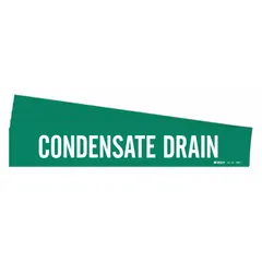 Green adhesive pipe marker with white legend reading 'Condensate Drain'. Fits pipe outer diameters from 2-1/2 to 7-7/8 inches. Sold in a 5-pack without directional arrows. Used to identify condensate drain lines in facility piping systems.