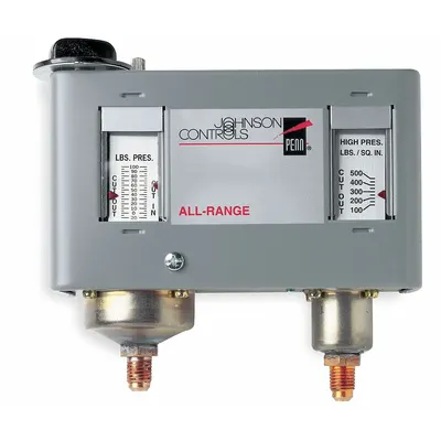 JOHNSON CONTROLS Dual Pressure Control: SPST, 12 in Hg to 80 psi Low Side, 100 psi to 500 psi High Side - Dual Pressure Controls
