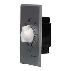 Spring-wound mechanical timer with a 1-hour maximum timing range. SPDT switch rated for 277V AC. Includes a silver wall plate. No hold feature. Used for timed-off control of lighting, fans, exhaust fans, heaters, or saunas in commercial and industrial settings.