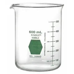 Low form beaker with 1000 mL (33.81 fl oz) capacity, made from Type I borosilicate glass. Green color coding aids identification in laboratory workflows. Suitable for mixing, heating, and measuring liquids in general lab use.