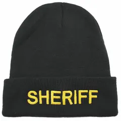 This beanie hat is made of acrylic knit material in black with gold lettering. It is a universal size suitable for casual wear and cold-weather comfort. Commonly used as a sheriff-themed accessory for personal use, team events, or promotional giveaways.