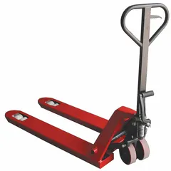 This pallet jack features a foot pump for operation in confined spaces such as narrow aisles and trailers. It has fixed steel forks measuring 48 inches long by 27 inches wide with a 15-inch width between forks. Suitable for lifting and moving palletized loads in warehouses and distribution centers.