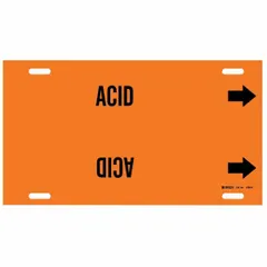 This snap-on pipe marker is used to identify pipes carrying acid. It features an orange background with black legend text and includes directional arrows. Designed to fit pipe outer diameters of 10 to 15 inches.