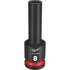 This 1/2" drive impact socket is designed for use with impact tools to fasten and loosen nuts and bolts. The 8 mm metric, 6-point deep profile allows access to recessed fasteners. A friction retention mechanism helps secure the socket on the anvil. The black phosphate finish provides corrosion resistance.