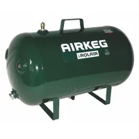 Horizontal hand carry air tank with 10-gallon capacity and 225 psi maximum operating pressure. Overall length 25 inches. Suitable for portable compressed air storage to power pneumatic tools, inflate tires, or operate air-actuated equipment in locations without a stationary compressor