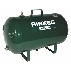 Horizontal hand carry air tank with 10-gallon capacity and 225 psi maximum operating pressure. Overall length 25 inches. Suitable for portable compressed air storage to power pneumatic tools, inflate tires, or operate air-actuated equipment in locations without a stationary compressor.