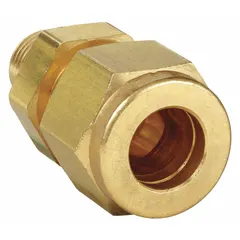 Double-ferrule steel compression fitting adapter with Compression x MNPT connection. 9/16-20 thread size. Compatible with Parker A-LOK fittings. Used to connect tubing to male NPT threads in fluid systems.