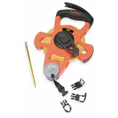 Manual open-reel tape measure with a 100 ft fiberglass blade marked in SAE/Engineers scale (1/8 in increments). Double-sided markings, nonmagnetic single hook, and ring end. Plastic case with grip. Suitable for measuring long distances in construction, surveying, and industrial layout where non-conductive, corrosion-resistant blades are preferred.