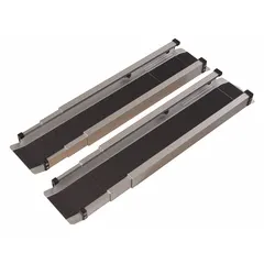 This telescoping wheelchair ramp pair provides portable access over steps, curbs, or other obstacles. The silver coated-grit surface offers slip resistance. Each ramp retracts to 3 ft for storage and extends to a minimum service height of 6 in, with an extended apron of 59-3/4 in. Suitable for temporary mobility access in various settings.