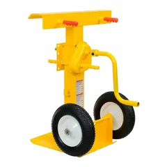 This ratchet-operated trailer-stabilizing jack is designed for heavy-duty stabilization of trailers during loading, unloading, or parking. It features a hand-crank mechanism with a 50,000 lb maximum lifting capacity and a minimum lift height of 41 inches. The yellow finish provides visibility in industrial environments.