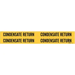 Yellow adhesive pipe markers with black legend reading 'Condensate Return' for identifying piping that carries condensed steam. Each pack includes 4 markers without arrows, fitting pipe outer diameters from 3/4 to 2-3/8 inches. Suitable for indoor or sheltered outdoor piping in industrial and HVAC systems.