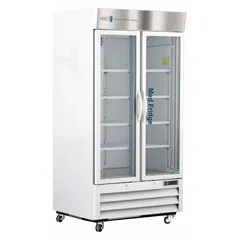 This upright pharmacy refrigerator provides a 36 cu ft storage capacity with a temperature range of 2°C to 7°C, suitable for storing vaccines, medications, and biological samples. It features a white swing glass door that opens left and right, a temperature alarm, and uses R-290 refrigerant. Overall depth is 34 3/4 in.