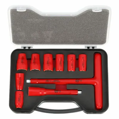 WIHA Socket Wrench Set: 3/8 in Drive Size, 10 Pieces, 8 mm to 19 mm Socket Size Range - Metric Insulated Socket Sets with Drive Tools