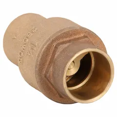 Lead-free bronze inline disc check valve with spring-loaded swing design for backflow prevention. Pipe size 1 1/4 in. Suitable for water, oil, and gas applications in vertical or horizontal piping systems.