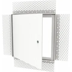 This latching access door is constructed from 14 ga steel with a white finish. It features a concealed hinge and a plaster bead flange, designed for ceiling mounting. The 32 in x 32 in size provides access to mechanical, electrical, or plumbing systems in commercial or industrial settings.